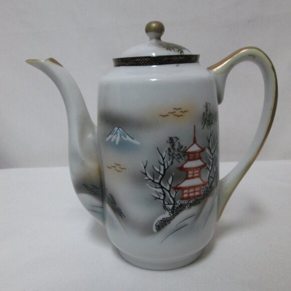 Vintage Porcelain Teapot with Spout Hand-painted Japanese Village 7" tall w/ Lid - Picture 2 of 12